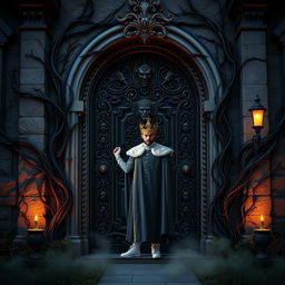 A majestic king standing in front of an intricately designed horror-themed house door