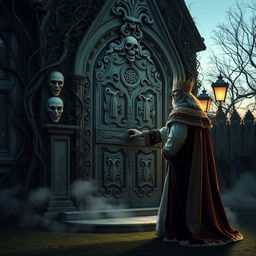 A majestic king standing in front of an intricately designed horror-themed house door