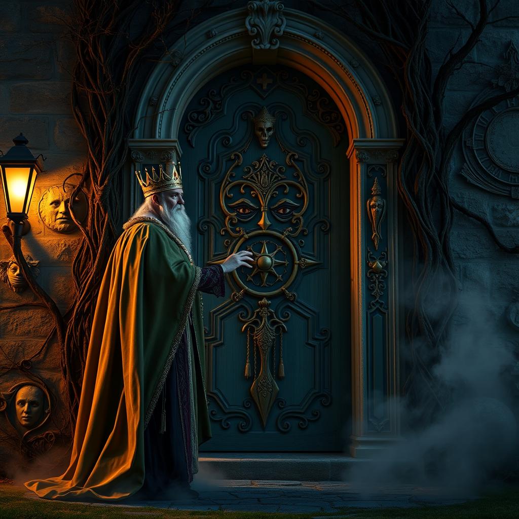 A majestic king standing in front of an intricately designed horror-themed house door
