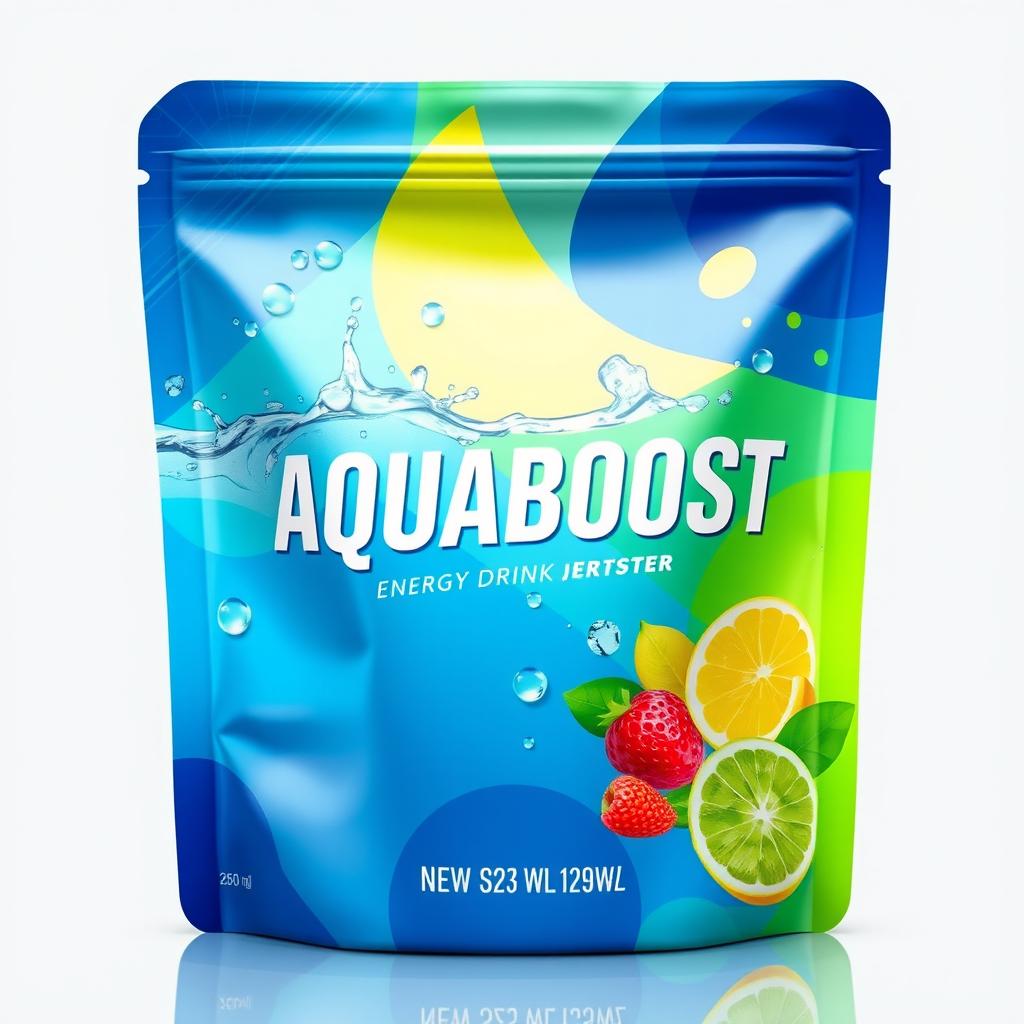 A colorful, eye-catching packaging design for a new energy drink called AQUABOOST