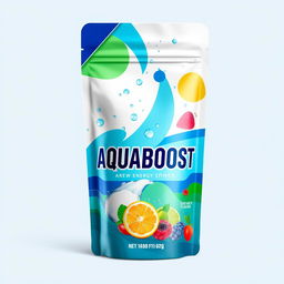 A colorful, eye-catching packaging design for a new energy drink called AQUABOOST