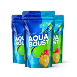 A colorful, eye-catching packaging design for a new energy drink called AQUABOOST