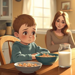 A heartfelt and emotional scene depicting a young boy named Peacey sitting silently at the breakfast table