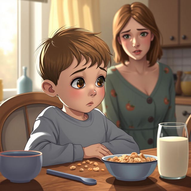 A heartfelt and emotional scene depicting a young boy named Peacey sitting silently at the breakfast table