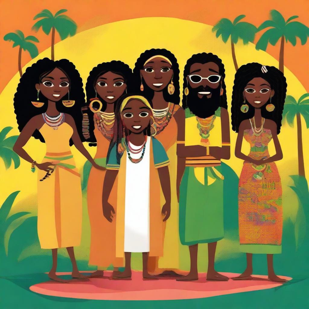 This is a whimsical, high-quality digital illustration featuring six unique characters, each representing different Caribbean cultures