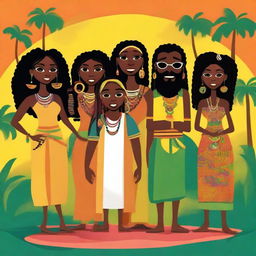 This is a whimsical, high-quality digital illustration featuring six unique characters, each representing different Caribbean cultures