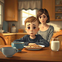 A heartfelt and emotional scene depicting a young boy named Peacey sitting silently at the breakfast table