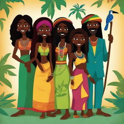 This is a whimsical, high-quality digital illustration featuring six unique characters, each representing different Caribbean cultures