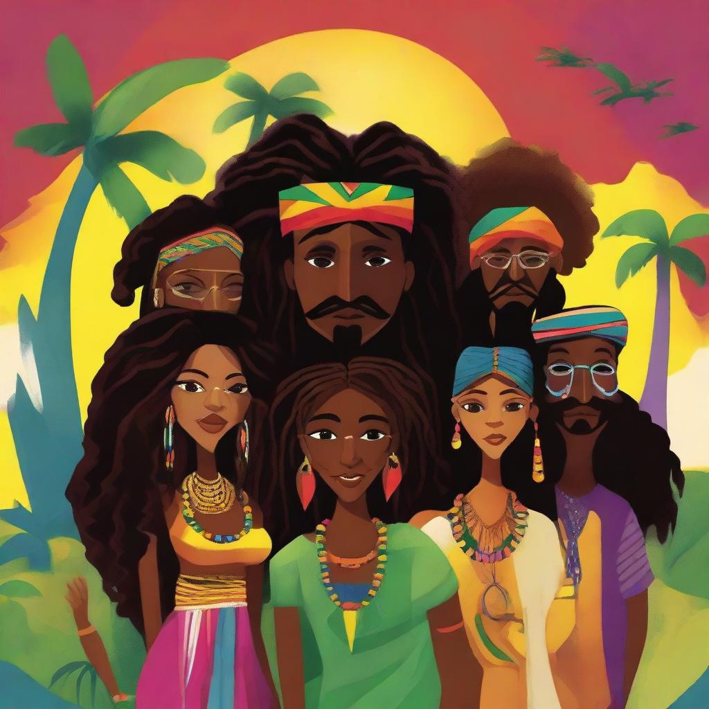 This is a whimsical, high-quality digital illustration featuring six unique characters, each representing different Caribbean cultures