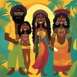 This is a whimsical, high-quality digital illustration featuring six unique characters, each representing different Caribbean cultures