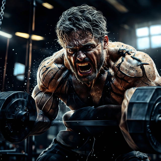 A high-quality digital art image of an unhinged man at the gym, training intensely as if it were his last day on earth