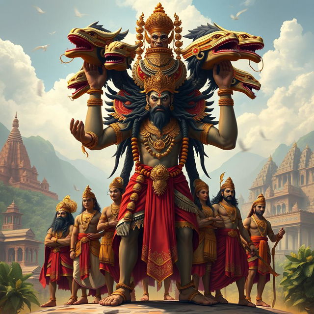 A majestic and fierce depiction of King Ravana, adorned with rich cultural attire and intricate jewelry, showcasing his ten sons, each uniquely styled to represent their individual characteristics