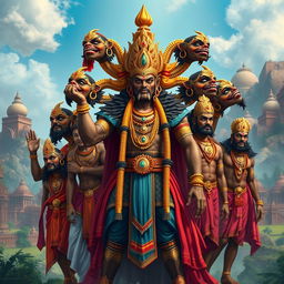 A majestic and fierce depiction of King Ravana, adorned with rich cultural attire and intricate jewelry, showcasing his ten sons, each uniquely styled to represent their individual characteristics