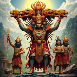 A majestic and fierce depiction of King Ravana, adorned with rich cultural attire and intricate jewelry, showcasing his ten sons, each uniquely styled to represent their individual characteristics