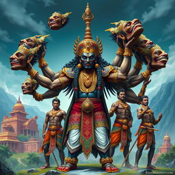A majestic and fierce depiction of King Ravana, adorned with rich cultural attire and intricate jewelry, showcasing his ten sons, each uniquely styled to represent their individual characteristics