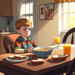 A scene at a breakfast table featuring a young boy named Peacey sitting silently with a bowl of cereal in front of him