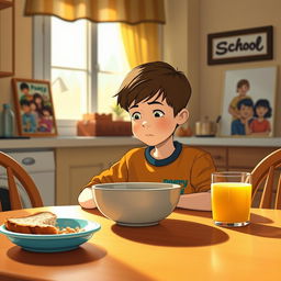 A scene at a breakfast table featuring a young boy named Peacey sitting silently with a bowl of cereal in front of him