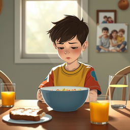 A scene at a breakfast table featuring a young boy named Peacey sitting silently with a bowl of cereal in front of him