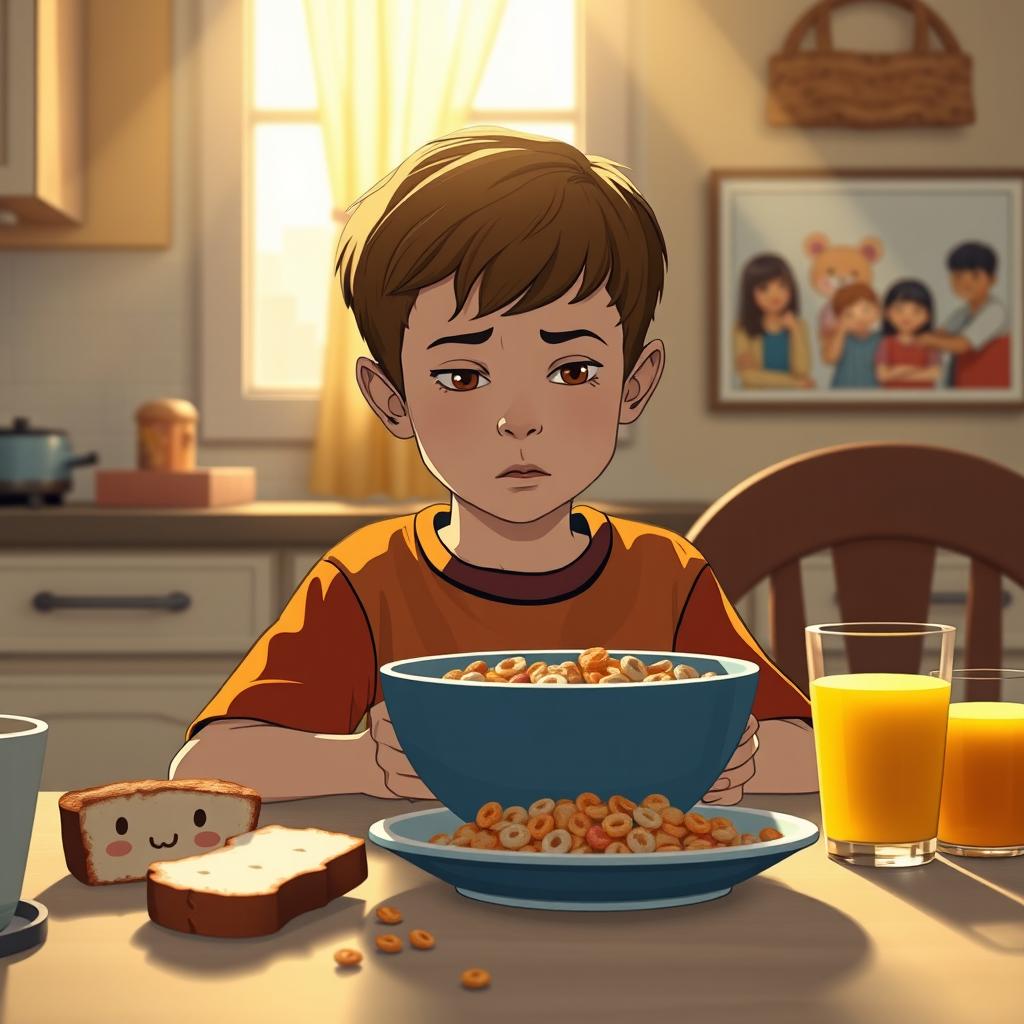 A scene at a breakfast table featuring a young boy named Peacey sitting silently with a bowl of cereal in front of him