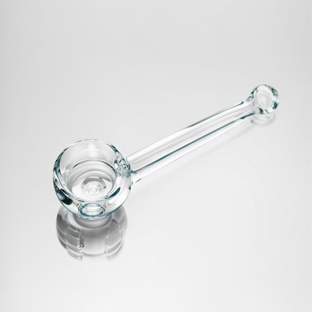 A high-resolution photograph of a clear glass Meph pipe, with a simple and functional design