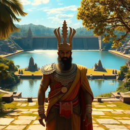 A majestic historical scene featuring King Parakramabahu standing proudly in front of the Parakrama Samudraya, a vast reservoir surrounded by lush greenery and ancient structures