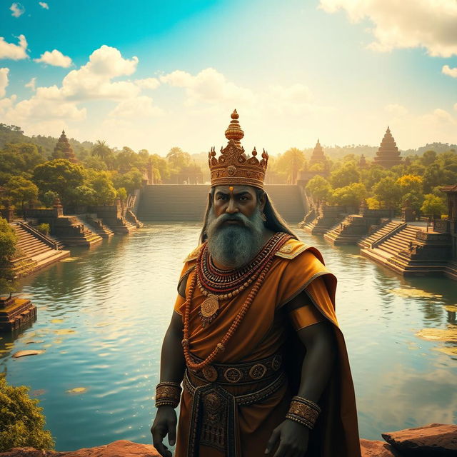 A majestic historical scene featuring King Parakramabahu standing proudly in front of the Parakrama Samudraya, a vast reservoir surrounded by lush greenery and ancient structures