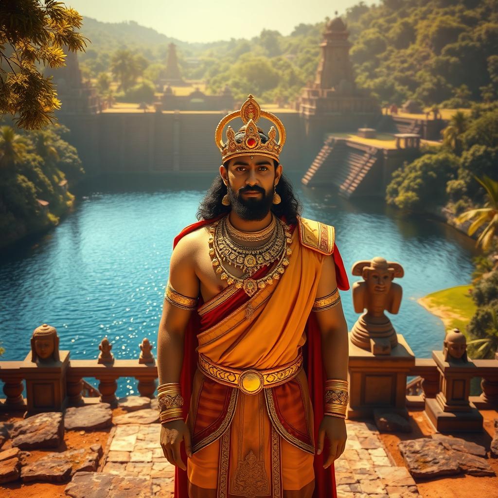 A majestic historical scene featuring King Parakramabahu standing proudly in front of the Parakrama Samudraya, a vast reservoir surrounded by lush greenery and ancient structures