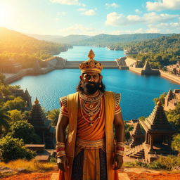 A majestic historical scene featuring King Parakramabahu standing proudly in front of the Parakrama Samudraya, a vast reservoir surrounded by lush greenery and ancient structures