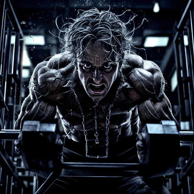 A high-quality digital art image depicting a man in a gym, who appears to be under the influence of an intense stimulant, such as crack