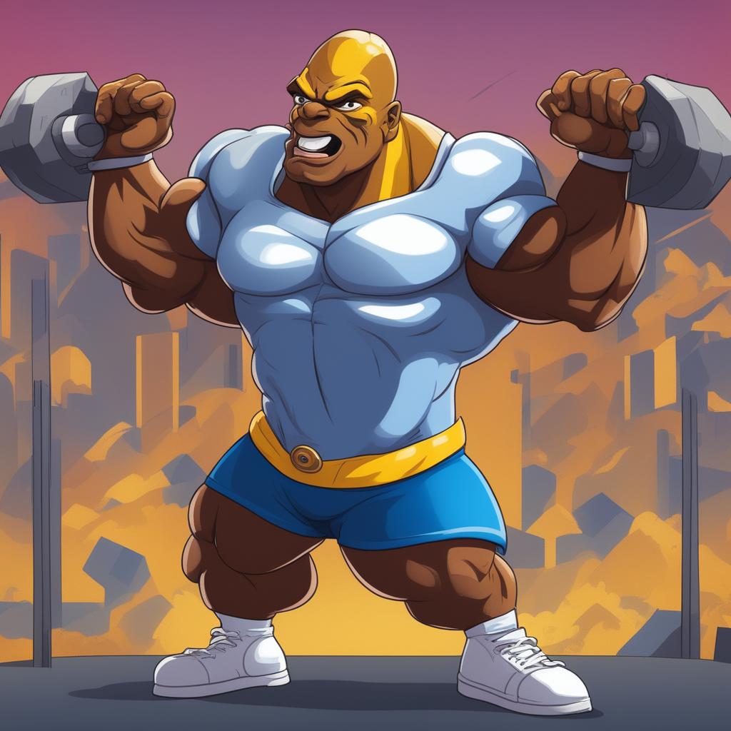 A cartoon-style digital art piece featuring a caricature of Ronnie Coleman in his iconic bodybuilder pose, but with exaggerated features suggesting an intense burst of energy