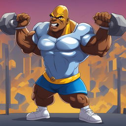 A cartoon-style digital art piece featuring a caricature of Ronnie Coleman in his iconic bodybuilder pose, but with exaggerated features suggesting an intense burst of energy