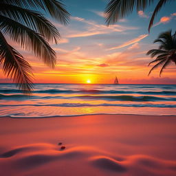 A stunning landscape of a sun-kissed beach at sunset, with gentle waves lapping at the shore