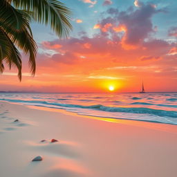 A stunning landscape of a sun-kissed beach at sunset, with gentle waves lapping at the shore