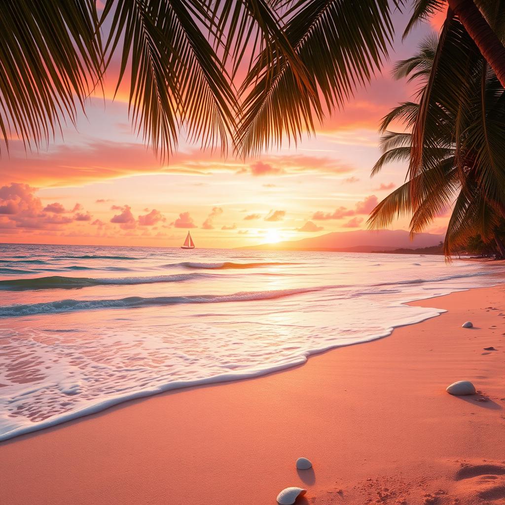 A stunning landscape of a sun-kissed beach at sunset, with gentle waves lapping at the shore