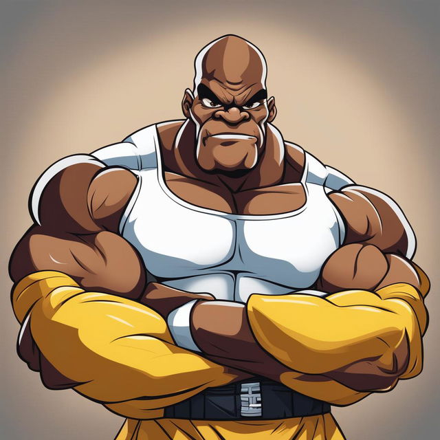 A cartoon-style digital art piece featuring a caricature of Ronnie Coleman in his iconic bodybuilder pose, but with exaggerated features suggesting an intense burst of energy