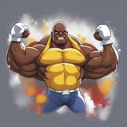 A cartoon-style digital art piece featuring a caricature of Ronnie Coleman in his iconic bodybuilder pose, but with exaggerated features suggesting an intense burst of energy