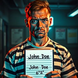 A criminal holding a police mugshot board, standing against a backdrop of a police station