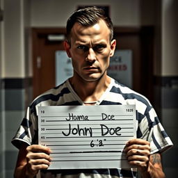 A criminal holding a police mugshot board, standing against a backdrop of a police station