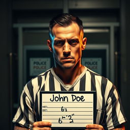 A criminal holding a police mugshot board, standing against a backdrop of a police station