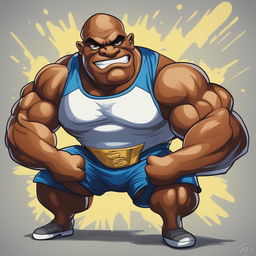 A cartoon-style digital art piece featuring a caricature of Ronnie Coleman in his iconic bodybuilder pose, but with exaggerated features suggesting an intense burst of energy