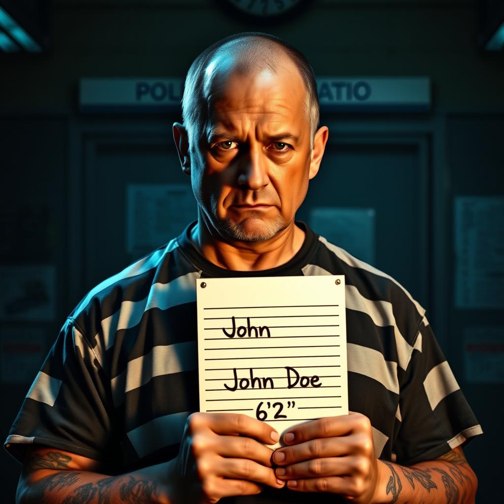 A criminal holding a police mugshot board, standing against a backdrop of a police station