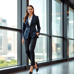 A stylish young woman dressed in formal attire, featuring a tailored navy blue blazer with a crisp white shirt underneath, complemented by elegant black tailored trousers