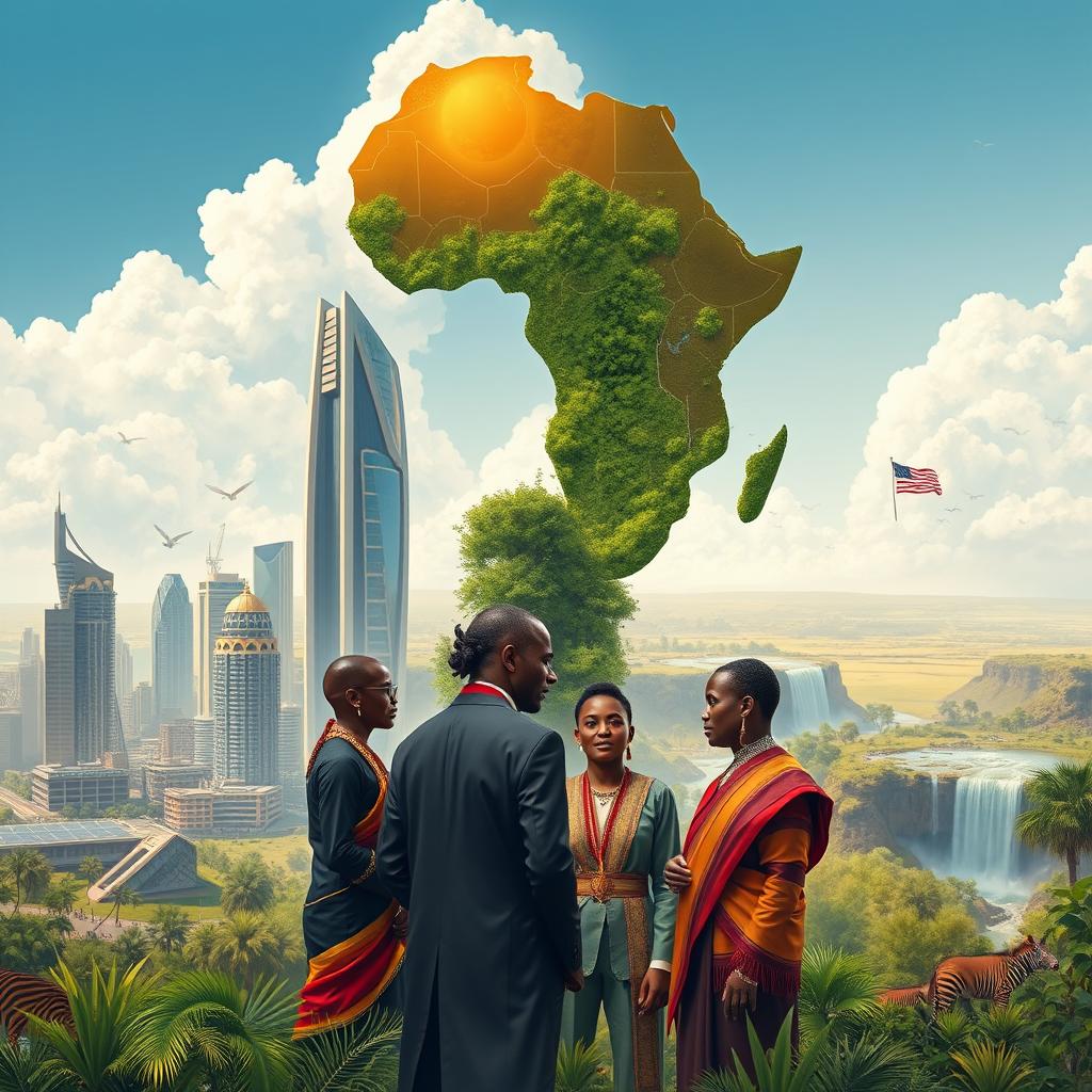 A striking and imaginative illustration depicting Africa as a more powerful continent than America