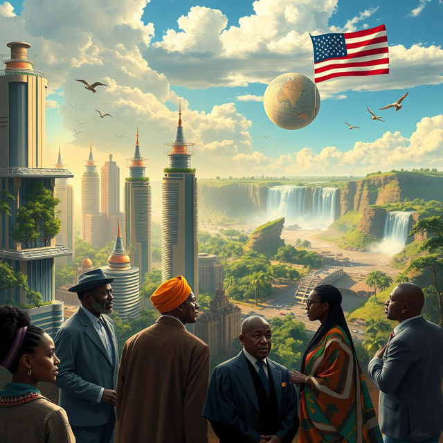 A striking and imaginative illustration depicting Africa as a more powerful continent than America