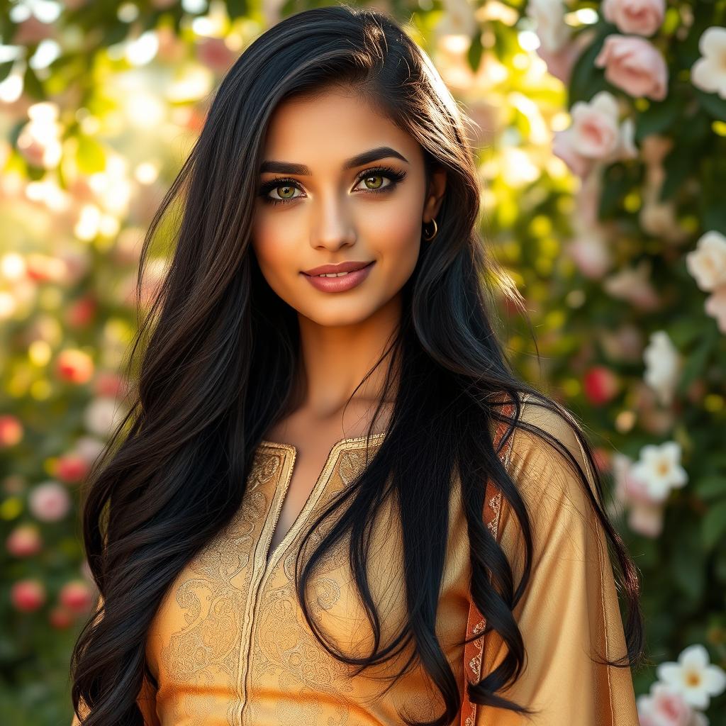 A stunning portrait of Zahra, a young Middle Eastern woman with long, flowing black hair