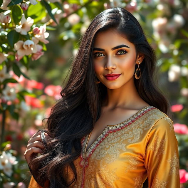 A stunning portrait of Zahra, a young Middle Eastern woman with long, flowing black hair