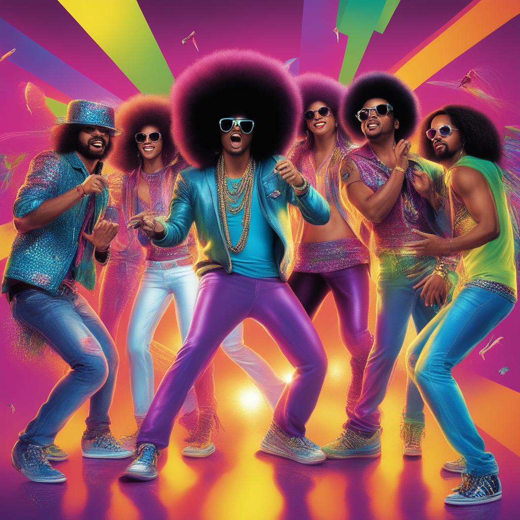 A high-quality digital art image depicting a lively party scene inspired by LMFAO's 'Party Rock Anthem'