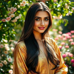 A stunning portrait of Zahra, a young Middle Eastern woman with long, flowing black hair