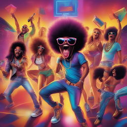 A high-quality digital art image depicting a lively party scene inspired by LMFAO's 'Party Rock Anthem'