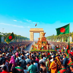 A dramatic scene depicting the Victory Day Parade on December 16th, featuring the grand 'Bijoy Boshonto' celebration in Bangladesh